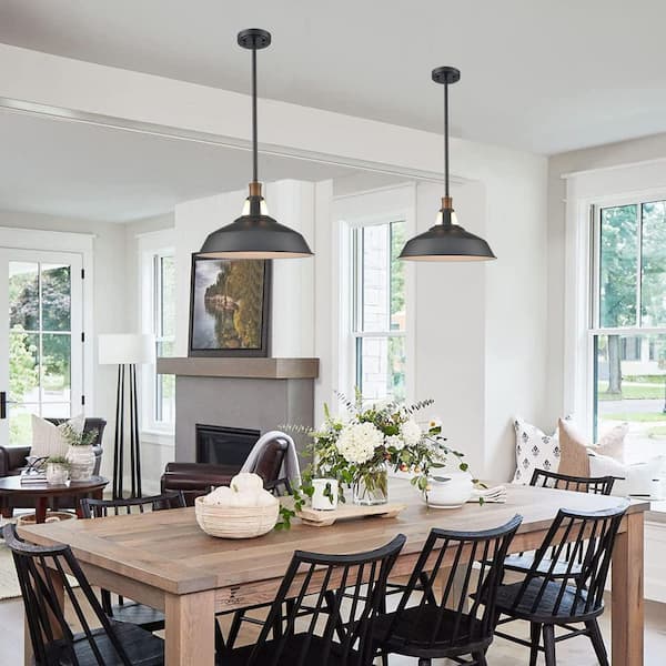 Industrial Black Barn Pendant Light Rod Adjustable Kitchen Lighting