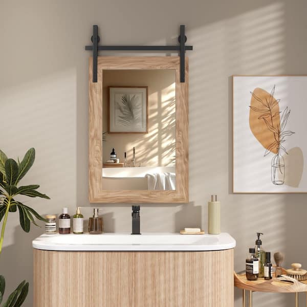 Brown 18 in. W x 26 in. H Rectangle Wood Framed Farmhouse Wall Mounted Mirror Vintage Vanity Decrative Bathroom Mirrors