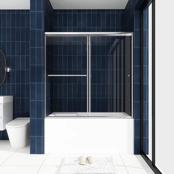 JimsMaison 60 in. W x 58 in. H Double Sliding Framed Tub Door in Brushed Nickel Finish