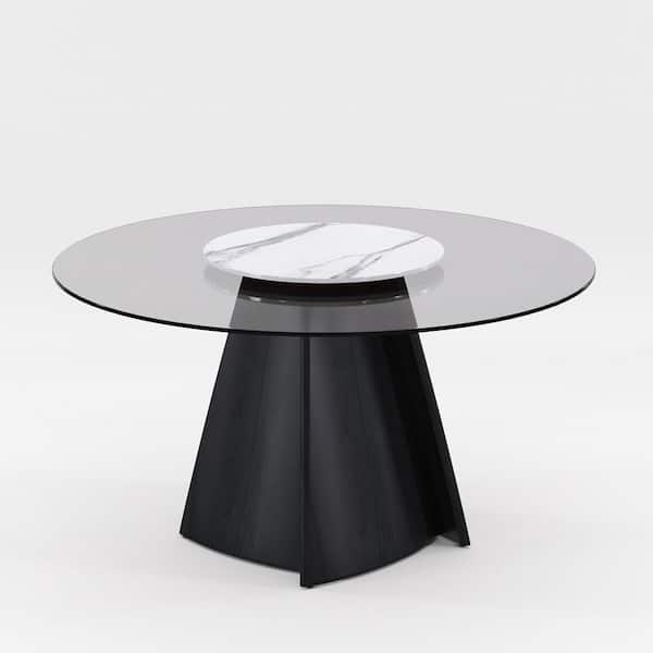 J&E Home Round Black With Lazy Turntable Glass 53.15 in. Pedestal Dining Table with Unique Wood Base (Seats 6)