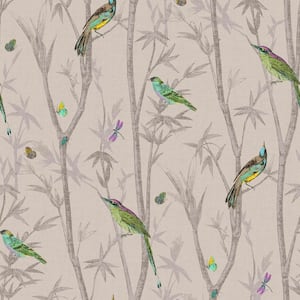 Beige Chinoiserie Bird Trail Natural Removable Wallpaper Sample