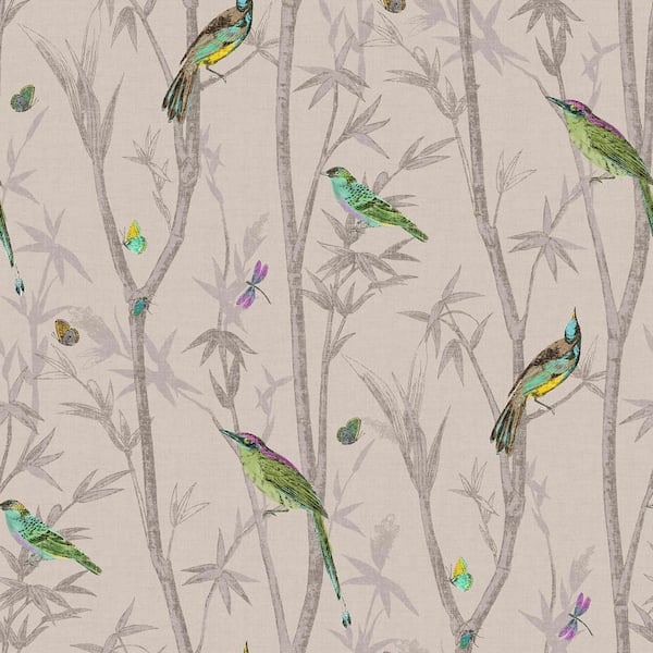 Graham & Brown Beige Chinoiserie Bird Trail Natural Removable Wallpaper Sample