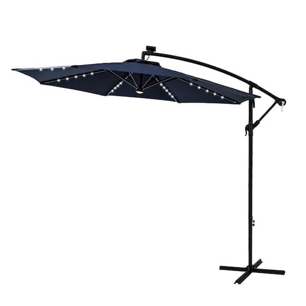 FLAME&SHADE 10 ft. Steel Cantilever Solar Lighted Patio Umbrella with Cross Base Stand in Navy Blue Solution Dyed Polyester