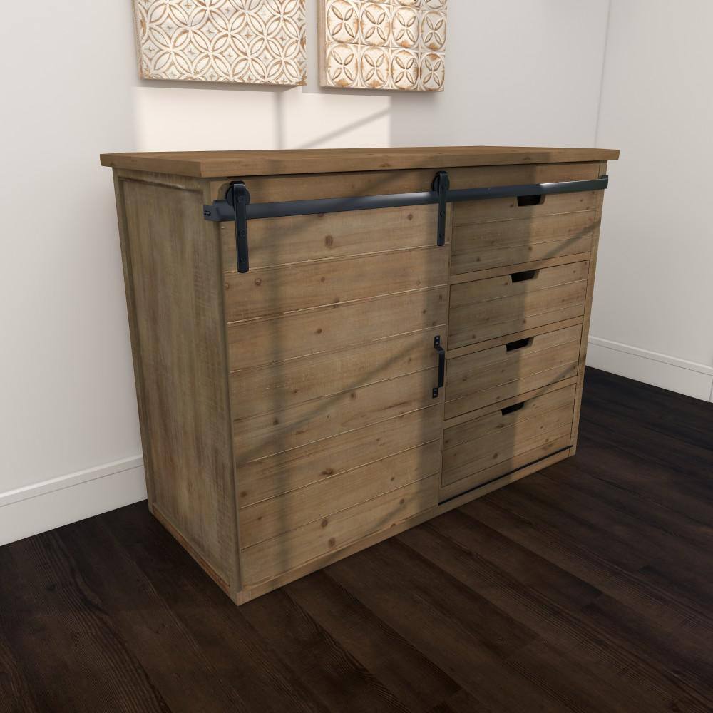 Brown Fir Wood Rustic Cabinet with Drawers and Sliding Door