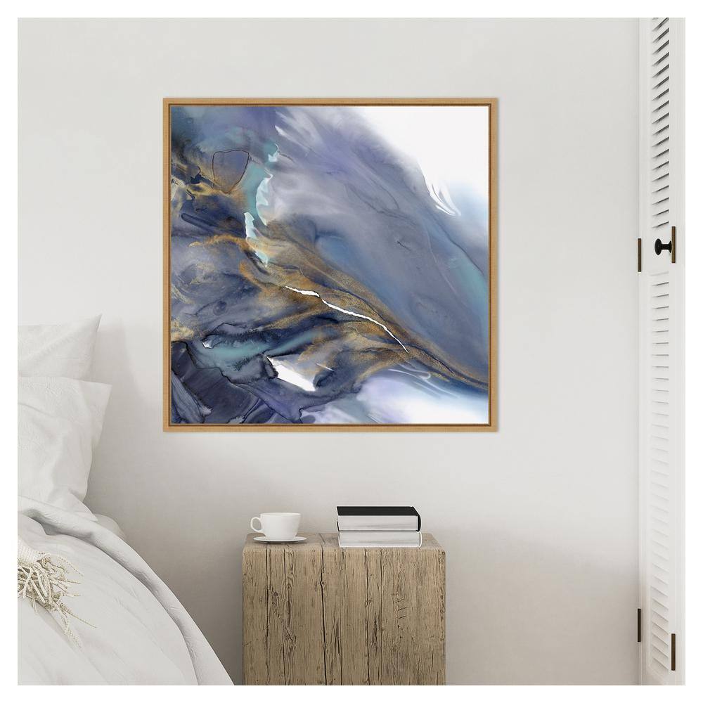Water Wonder Abstract Blue and Gold Canvas Print with Maple Frame