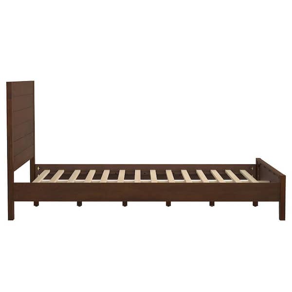 Lazio Mid Century Brown Walnut Solid Wood Frame Queen Size Platform Bed Frame with Headboard Wooden Slat Support
