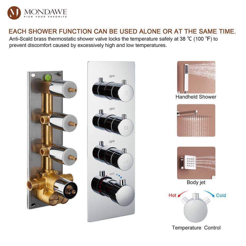12 Inch Chrome LED Wall Mounted Rain Shower System with Handheld and Body Jets