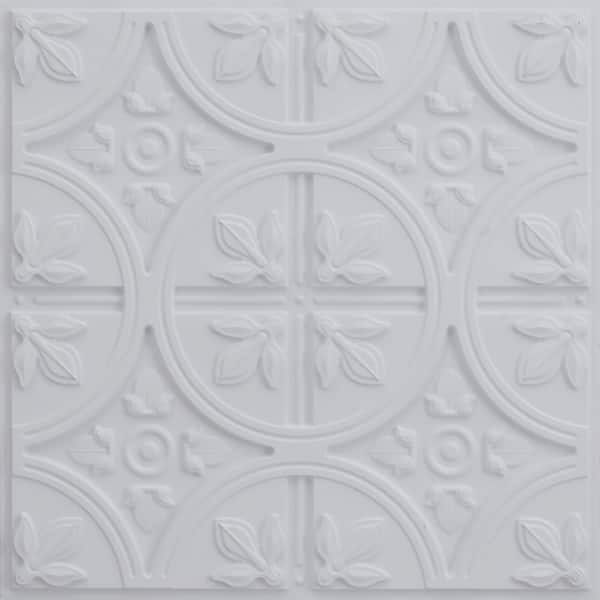 FROM PLAIN TO BEAUTIFUL IN HOURS Modern Fleur de Lis White Matte 2 ft. x 2 ft. PVC Lay-in Faux Tin Ceiling Tile (40 sq.ft./Case)
