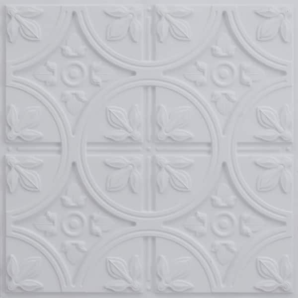 FROM PLAIN TO BEAUTIFUL IN HOURS Modern Fleur de Lis White Matte 2 ft. x 2 ft. PVC Lay-in Faux Tin Ceiling Tile (200 sq.ft./Case)