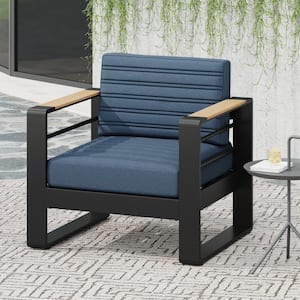 Negley Black Aluminum Outdoor Patio Lounge Chair with Blue Cushions