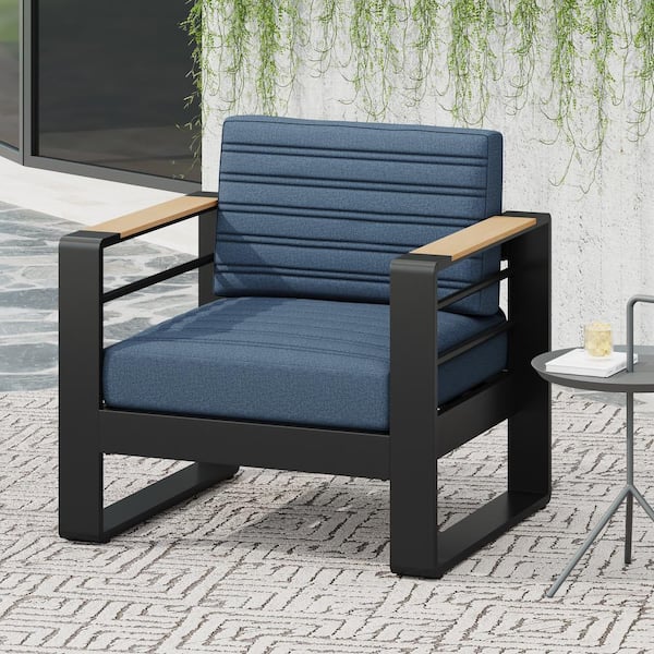 Noble House Negley Black Aluminum Outdoor Patio Lounge Chair with Blue Cushions
