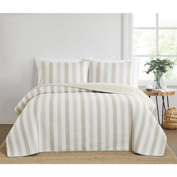Aiden Stripe Beige King 3-Piece Microfiber Quilt Set