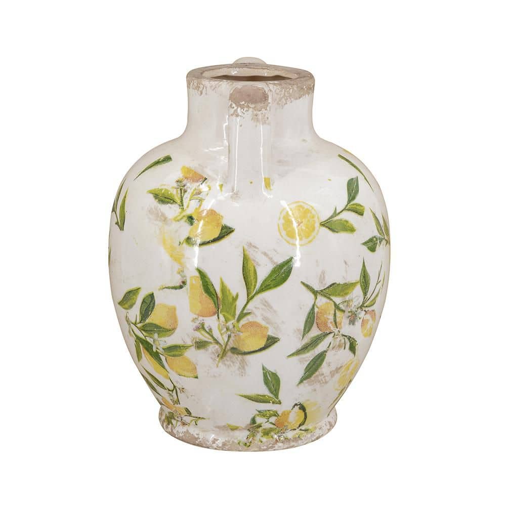 6.7 x 6.7 x 8.7 in. White Amphora Ceramic Vase with Yellow Lemon