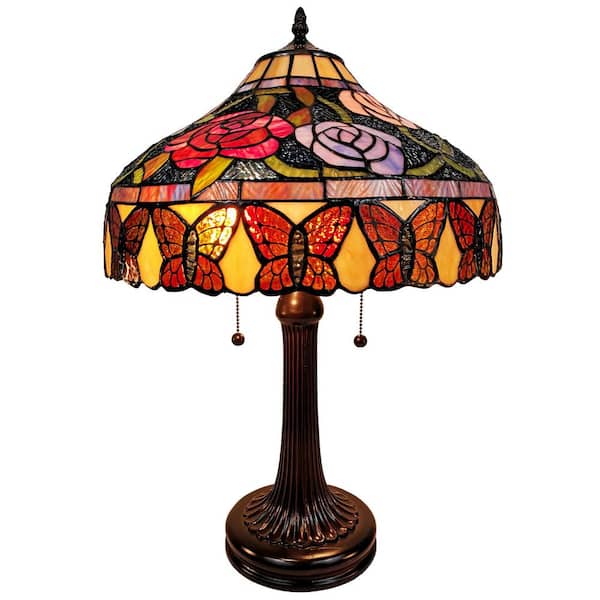 Amora Lighting 23 in. Tiffany Style Table Lamp with Stained Glass Floral & Butterfly Style Lamp Shade
