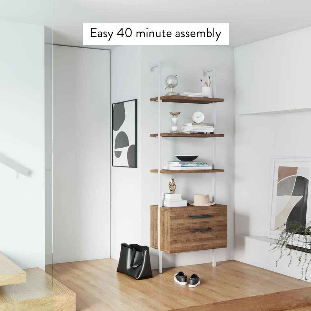 Theo Oak and White 3-Tier Ladder Bookshelf with Storage Drawers