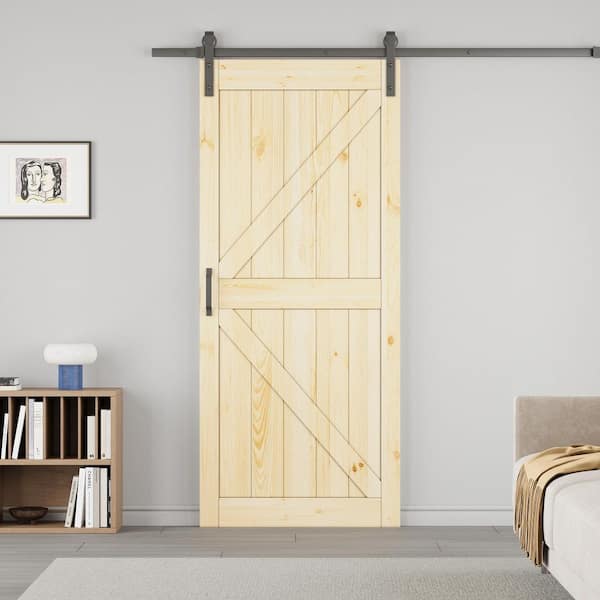 36 in. x 84 in. Paneled K Shape Solid Pine Unfished Wood Sliding Barn Door Slab with Installation Hardware Kit