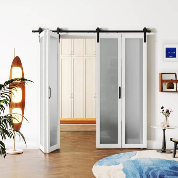 60 in. x 84 in. (30 in. W x 2)White Tempered Frosted Glass MDF Bi-Fold Style Full Lite Sliding Barn Door w/ Hardware Kit
