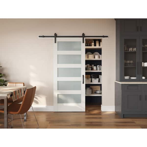 36 in. x 84 in. 5 Lite Primed Interior Sliding Barn Door Slab with Hardware Kit
