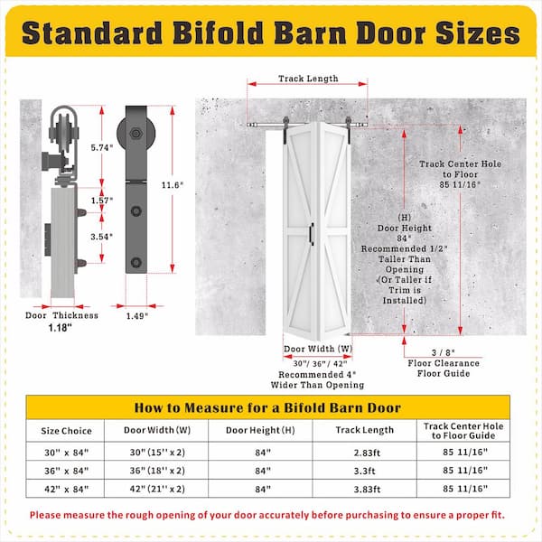 84in x 84in (Double 42"W Doors) White Finished, MDF, 6 Panel Bi-Fold Style Sliding Barn Door with Hardware Kit