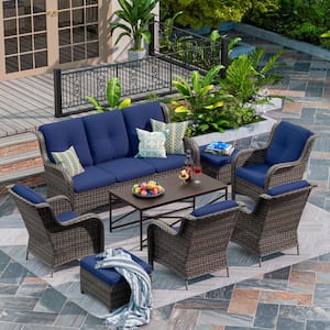 8-Piece Patio Conversation Sofa Set Furniture Sectional Seating Set with Blue Cushion and Coffee Table