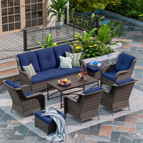 MeetLeisure 8-Piece Patio Conversation Sofa Set Furniture Sectional Seating Set with Blue Cushion and Coffee Table