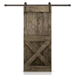 38 in. x 84 in.Distressed Mini X Espresso Stained Solid Knotty Pine Wood Interior Sliding Barn Door with Hardware Kit