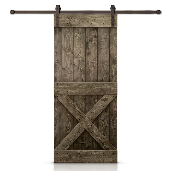 CALHOME 38 in. x 84 in.Distressed Mini X Espresso Stained Solid Knotty Pine Wood Interior Sliding Barn Door with Hardware Kit