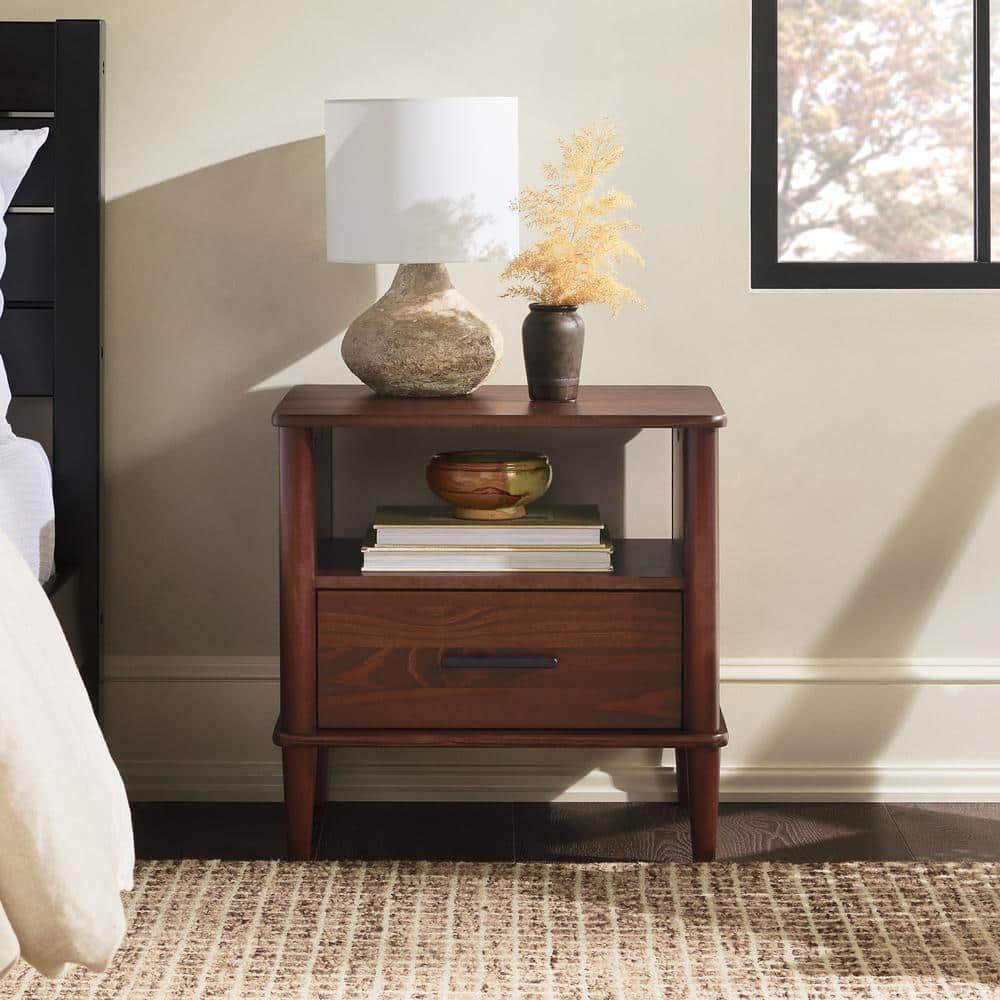1-Drawer Walnut Solid Wood Transitional Storage Nightstand with Tapered Legs