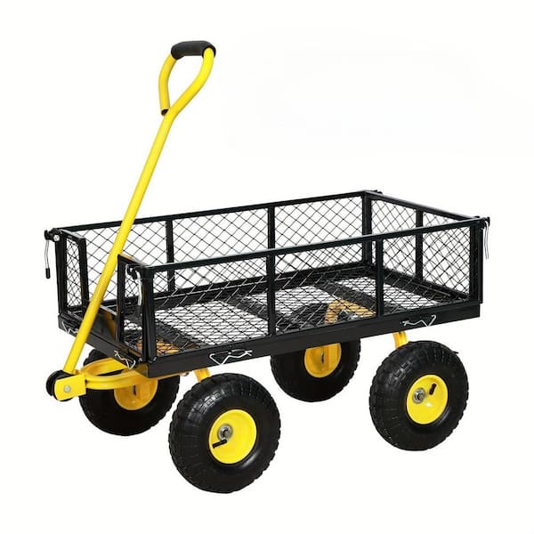 4.5 cu. ft. Metal Black Garden Cart,Heavy Duty Steel 900 lbs. Capacity,Removable Mesh Sides Convert 180° Rotating Handle