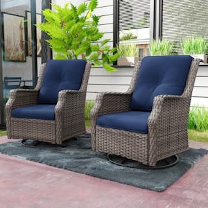 Wicker Patio Outdoor Lounge Chair Swivel Rocking Chair with Blue Cushions (2-Pack)