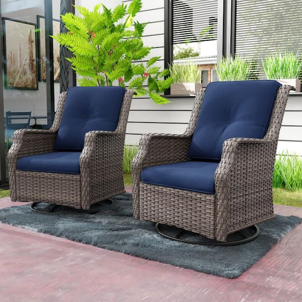 Wicker Patio Outdoor Lounge Chair Swivel Rocking Chair with Blue Cushions (2-Pack)