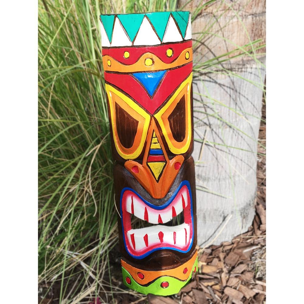 Hand-Carved Colorful Wooden Tiki Mask Statue, 20" Tall