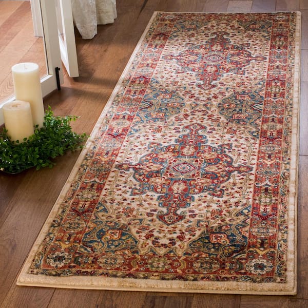 Kashan 3 ft. x 6 ft. Ivory/Blue Antique Border Runner Rug