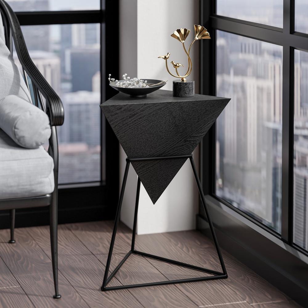 Modern 15.55 in. Black Triangle Wood End Table with Wooden Top and Metal Base
