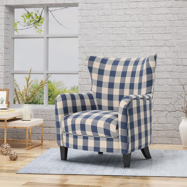 Noble House Arabella Blue Checkerboard Fabric Arm Chair (Set of 1)