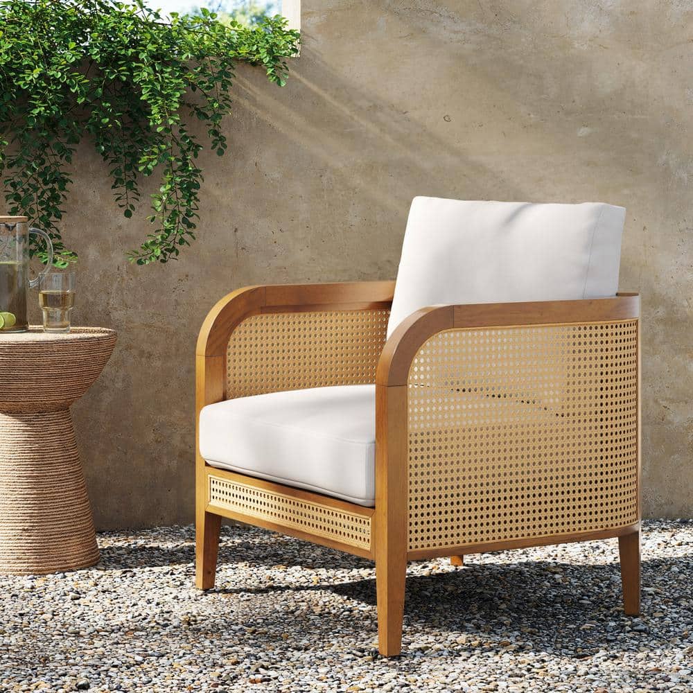 Twila Bohemian White Cushioned Patio Chair with Acacia Wood Frame