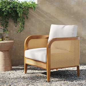 Twila Bohemian Light Acacia Wood Frame Upholstered Outdoor Lounge Chair with Linen White Cushion and Rattan Arm Accent