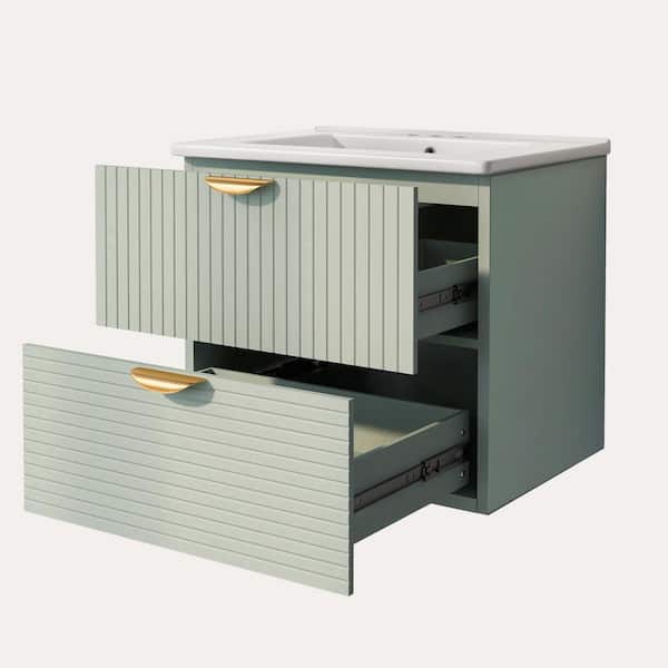 ANGELES HOME 24 in. W x 18 in. D x 23 in. H Wall-Mounted Bathroom Vanity in Green with White Ceramic Top Single Sink with 2-Drawers