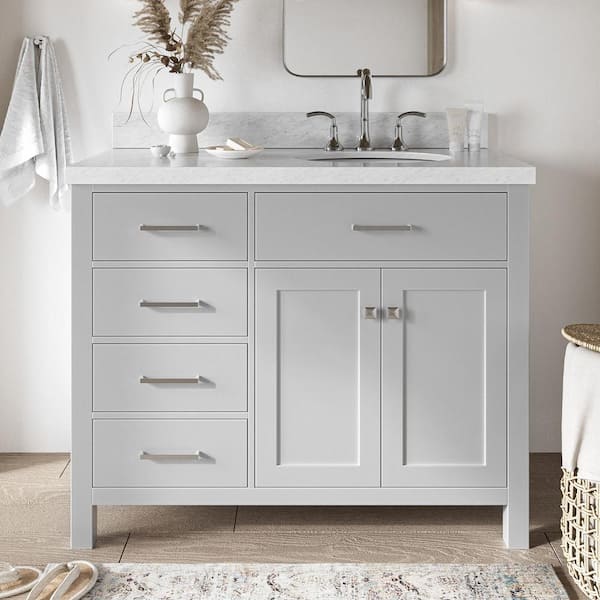 ARIEL Bristol 43 in. W x 22 in. D x 36 in. H Freestanding Bath Vanity in Grey with Carrara White Marble Top