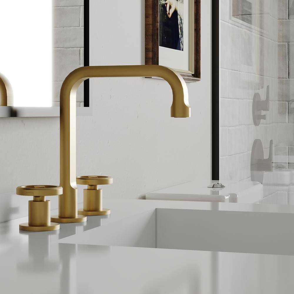 Brushed Gold Industrial Style Widespread Bathroom Faucet with Metal Drain