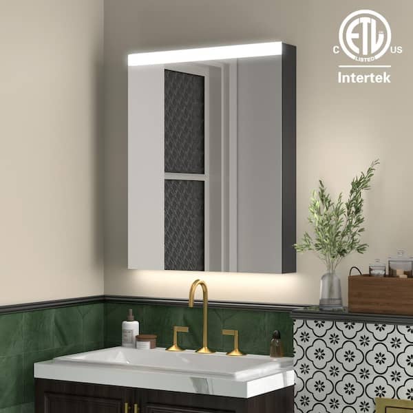 ExBrite 24 in. W x 30 in. H Large Rectangular Black Aluminum Surface Mount Left Medicine Cabinet with Mirror, LED Light