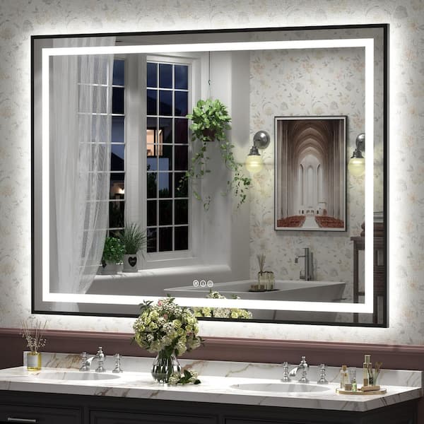 55 in. W x 40 in. H Rectangular Framed Front and Back LED Lighted Anti-Fog Wall Bathroom Vanity Mirror in Tempered Glass