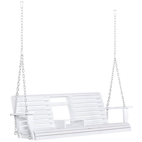 3-Seater White Wood Outdoor Porch Swing with Folding Coffee Table, Cup Holders and Chains