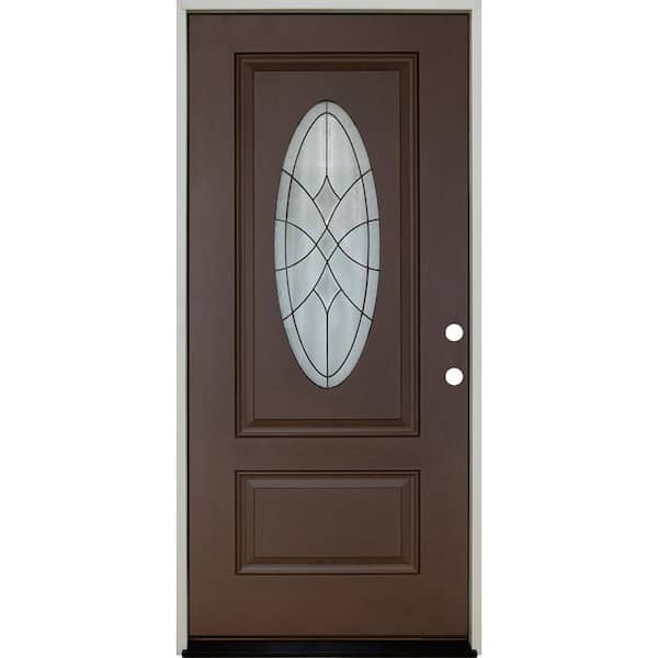 Steves & Sons Regency 36 in. x 80 in. LH 3/4 Oval Radiance Decorative Glass Russet Fiberglass Prehung Front Door with Brickmold