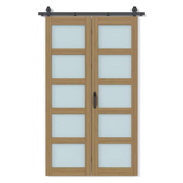 48 in. x 84 in. 5-Lite Tempered Frosted Glass Solid Core MDF Wood Brown Finished Bi-fold Door with Hardware