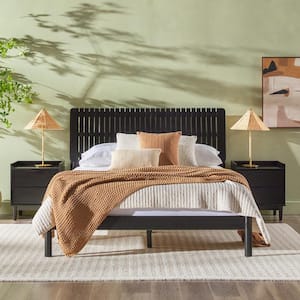 Modern Black Solid Wood Frame Queen Platform Bed with Minimalist Slat Design Headboard