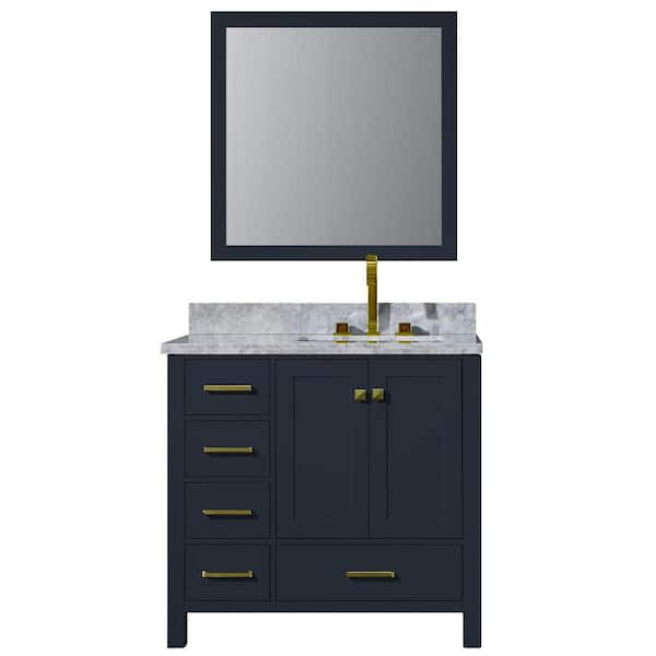 ARIEL 37 in. W x 22 in. D Bath Vanity in Midnight Blue w/ Marble Vanity Top in Carrara White w/ White Basin and Mirror