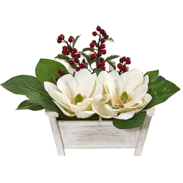 Nearly Natural Magnolias and Berries Artificial Arrangement in Chair Planter