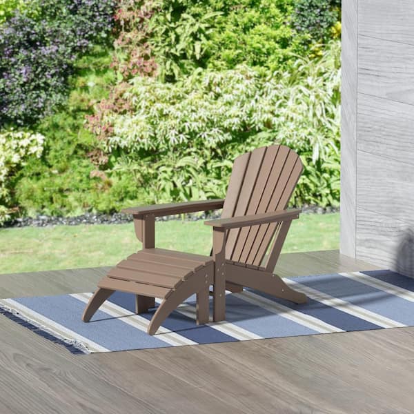 Mason Weathered Wood 2-Piece Poly Plastic Outdoor Patio Classic Adirondack Fire Pit Chair With Ottoman Set