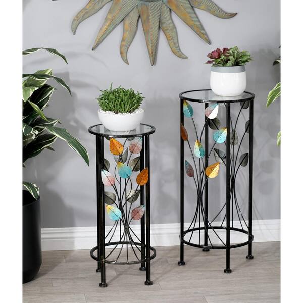 Litton Lane Multi-Colored Iron and Glass Stems and Leaves Round Plant Stands (Set of 2)